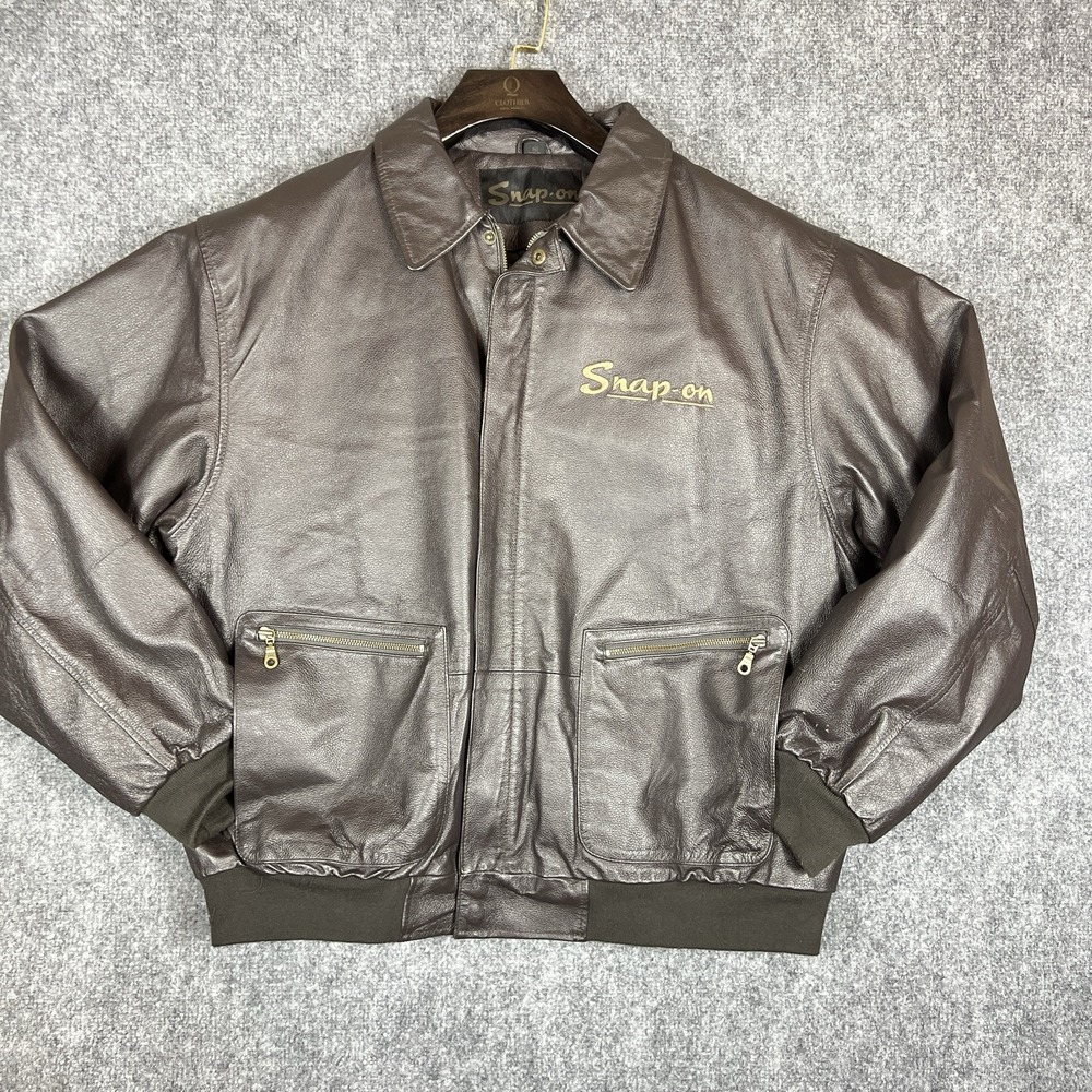 Snap-On Genuine Leather Jacket Mens XL Brown Full Zip Heavyweight Bomber